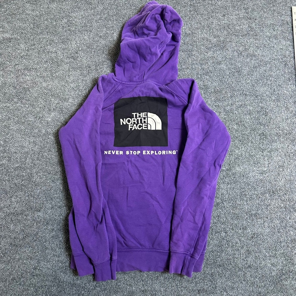 The North Face Hoodie Womens Size S Purple Graphic Back Logo Pullover Fleece